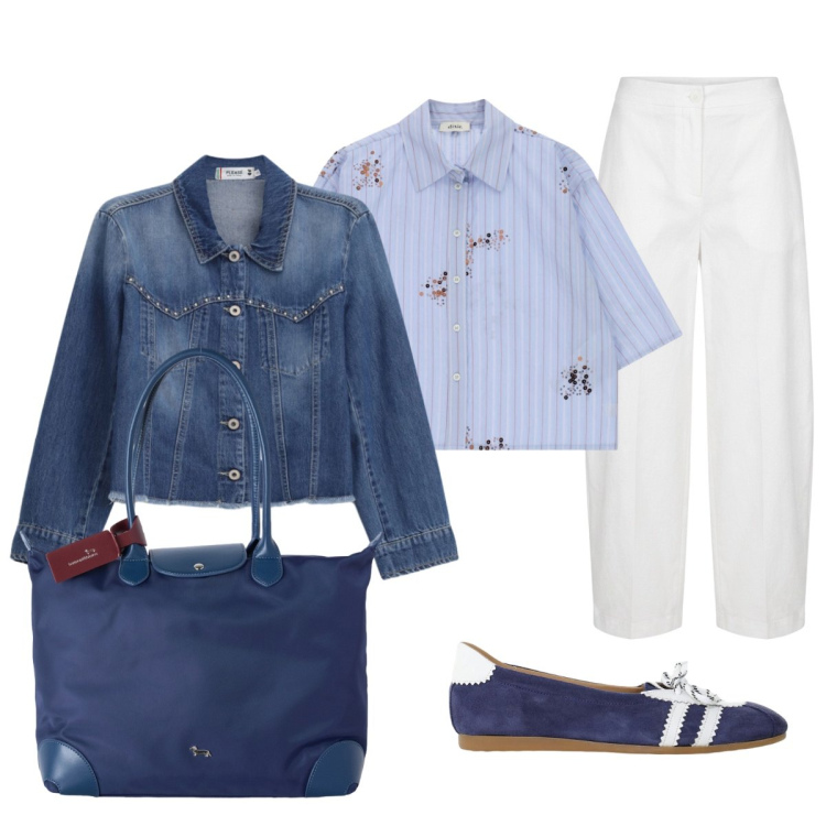 Outfit donna - Denim &Chic. Stile Casual chic per Ufficio. Abbinamento con shopping bag, blazer, camicie a manica corta, ballerine, pantaloni.