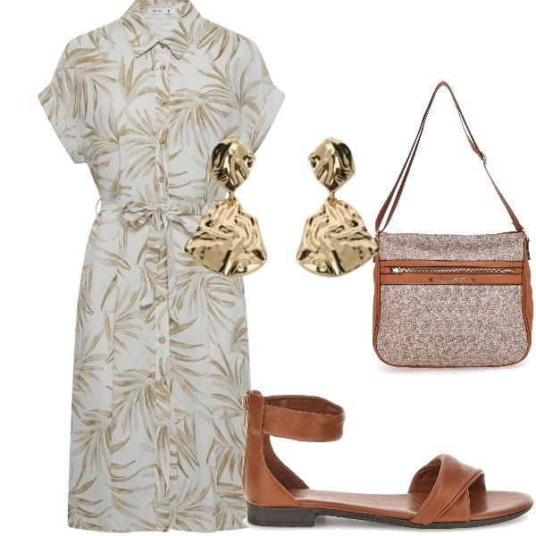 Outfit donna - Estate. Stile Casual per Tutti i giorni. Abbinamento con vestiti chemisier, orecchini, borse a tracolla, sandali.