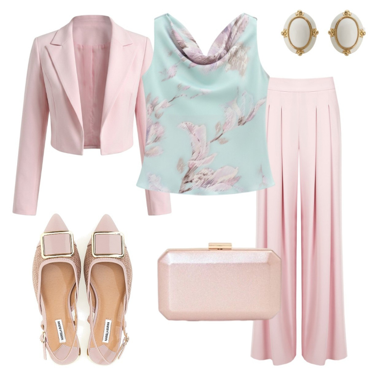 Outfit donna - Cerimonia Rinascimento. Stile Romantica per Cerimonia. Abbinamento con orecchini, bolero, pantaloni a palazzo, top, clutch, sandali.