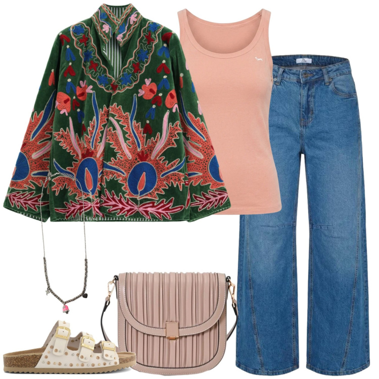 Outfit donna - La giacca kimono. Stile Casual per Serata fuori. Abbinamento con jeans, canottiere, blazer, borse a tracolla, ciondoli, sandali.