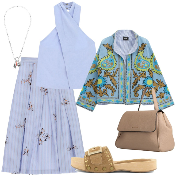 Outfit donna - Per la vacanza. Stile Casual per Mare. Abbinamento con zaini, gonne lunghe, top, blazer, ciondoli, ciabatte.