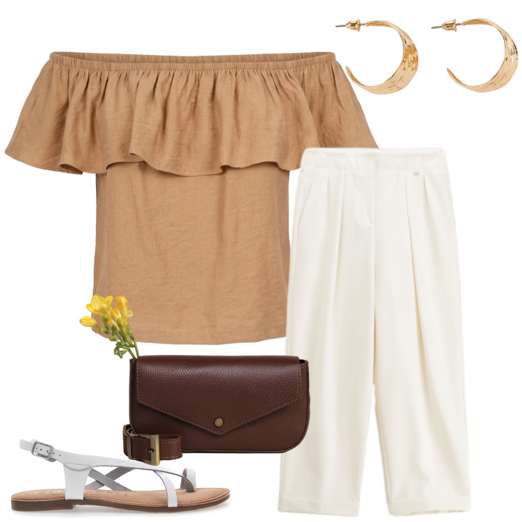 Outfit donna - Total look #2450159. Stile Casual chic per Tutti i giorni. Abbinamento con orecchini, pantaloni, borse a tracolla, top, sandali.