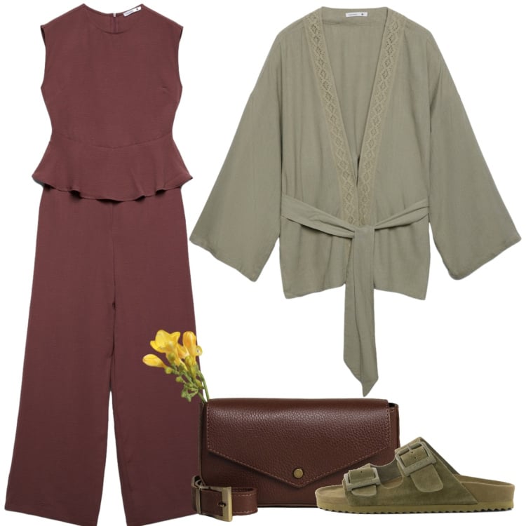 Outfit donna - Due colori. Stile Casual chic per Serata fuori. Abbinamento con tute, kimono, borse a tracolla, sandali in pelle.