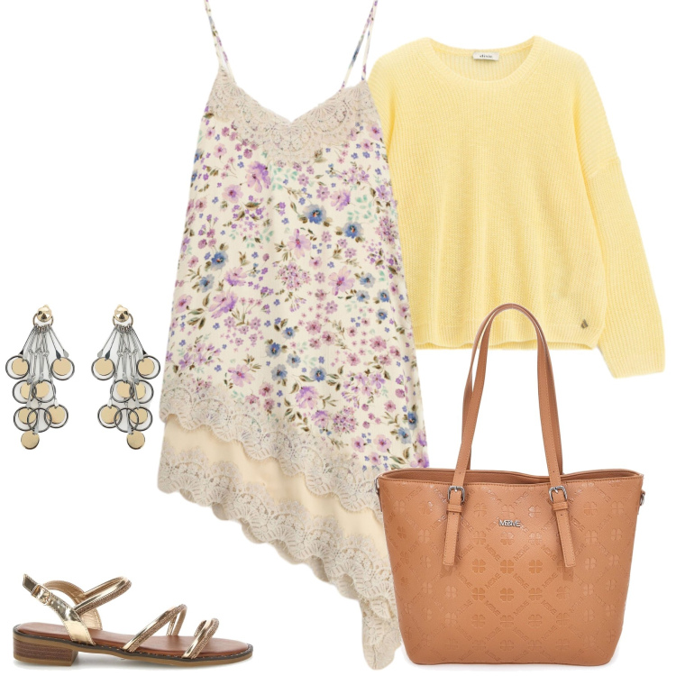 Outfit donna - Total look #2450162. Stile Casual chic per Tutti i giorni. Abbinamento con vestiti midi/longuette, maglieria, orecchini, borse a tracolla, sandali col tacco.