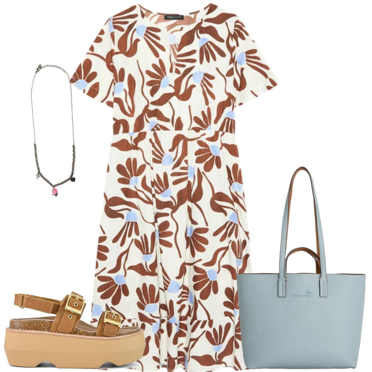 Outfit donna - Total look #2450164. Stile Casual chic per Tutti i giorni. Abbinamento con shopping bag, vestiti lunghi, ciondoli, sandali col tacco.