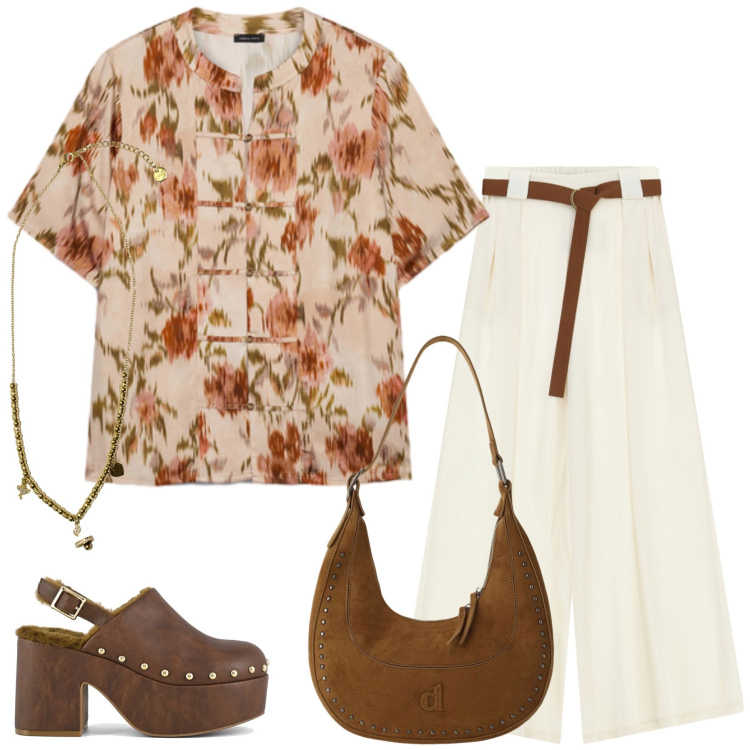 Outfit donna - Total look #2450167. Stile Casual chic per Tutti i giorni. Abbinamento con pantaloni a palazzo, borse a spalla, bluse, ciondoli, sabot.