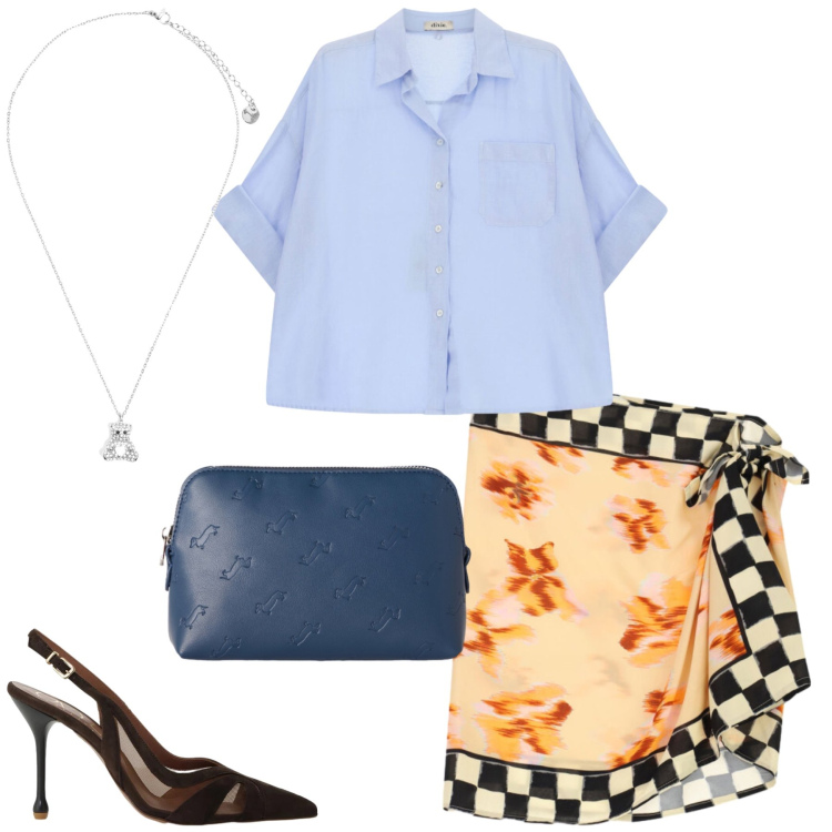 Outfit donna - Total look #2450168. Stile Casual chic per Ufficio. Abbinamento con pochette, décolleté, camicie, minigonne, ciondoli.