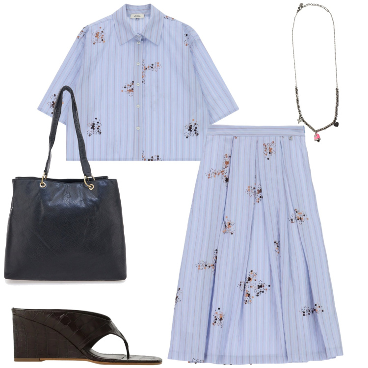 Outfit donna - Total look #2450169. Stile Casual chic per Tutti i giorni. Abbinamento con sandali col tacco, gonne lunghe, camicie a manica corta, ciondoli, shopping bag.