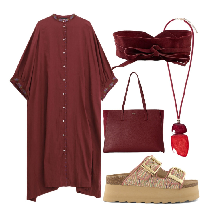 Outfit donna - Abito caftano. Stile Casual per Mare. Abbinamento con cinture, shopping bag, vestiti midi/longuette, ciondoli, ciabatte.