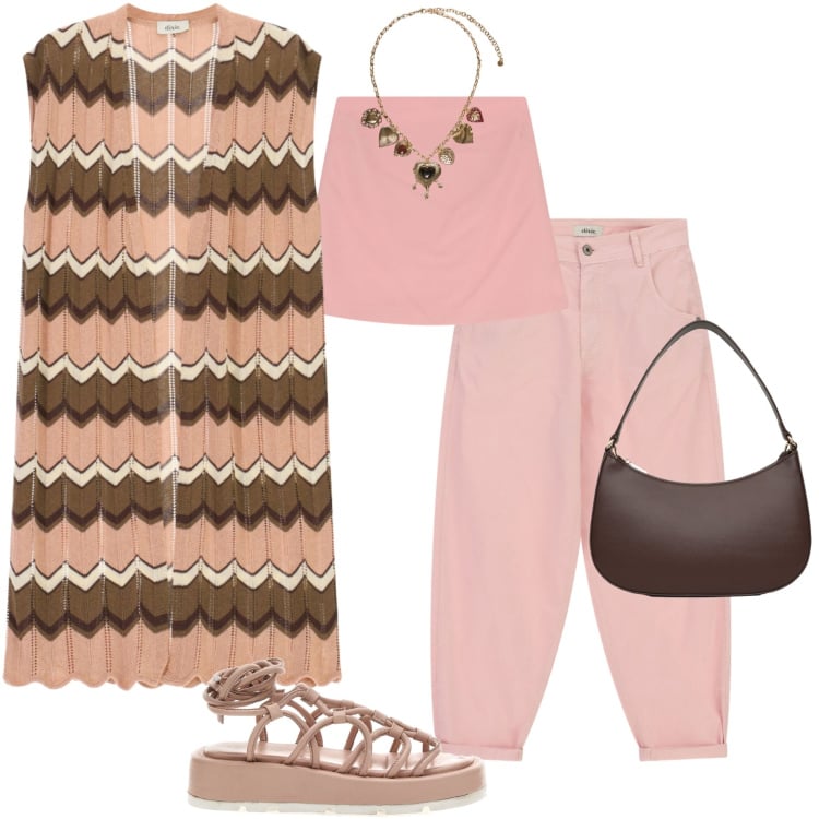 Outfit donna - Gilet in maglia. Stile Casual chic per Serata fuori. Abbinamento con borse a tracolla, top, pantaloni, gilet, collane, sandali alla schiava.