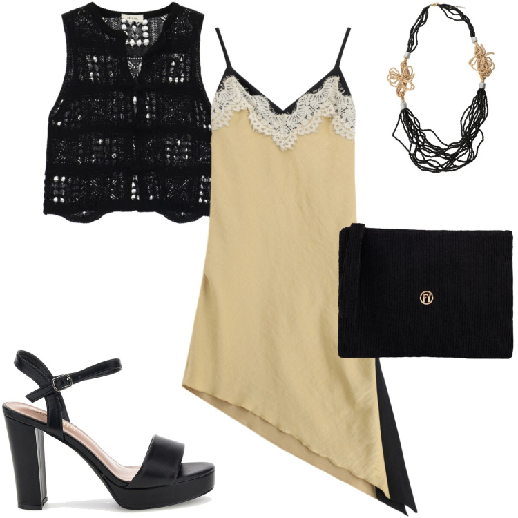 Outfit donna - Serata al mare. Stile Casual chic per Mare. Abbinamento con vestiti asimmetrici, collane, top, pochette, sandali col tacco.