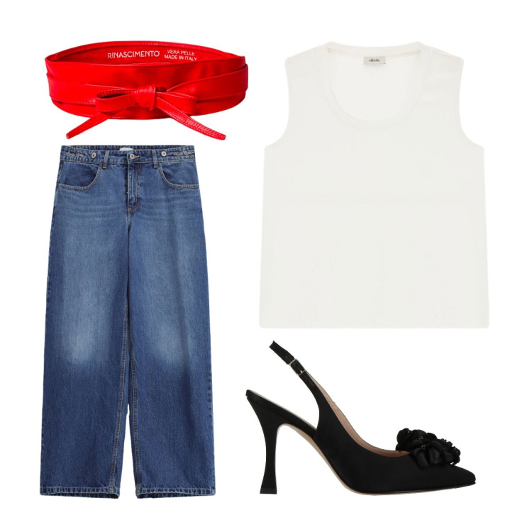 Outfit donna - Ufficio agosto. Stile Casual chic per Serata fuori. Abbinamento con décolleté, canottiere, jeans, cinture.