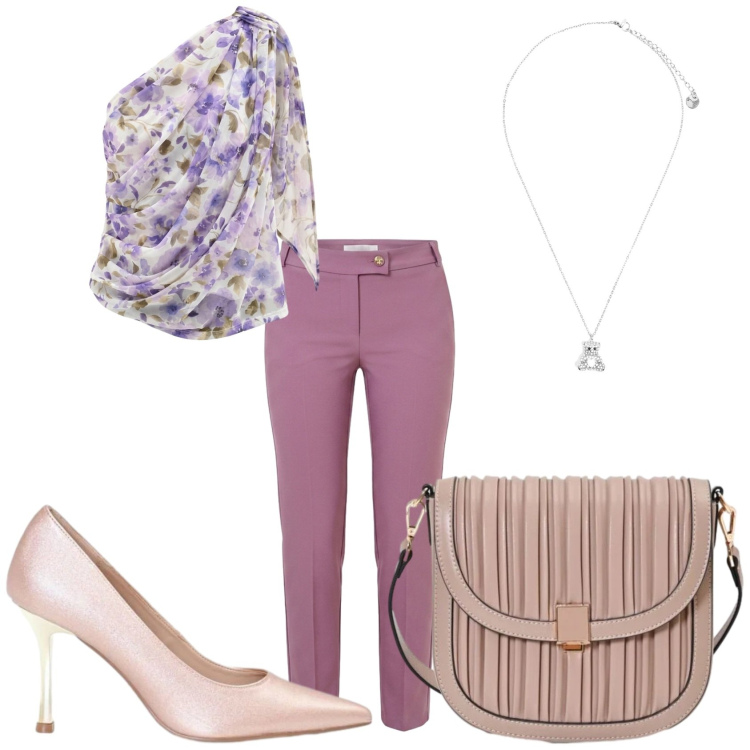 Outfit donna - La cena estiva. Stile Glamour per Serata fuori. Abbinamento con top, borse a tracolla, pantaloni, décolleté, ciondoli.