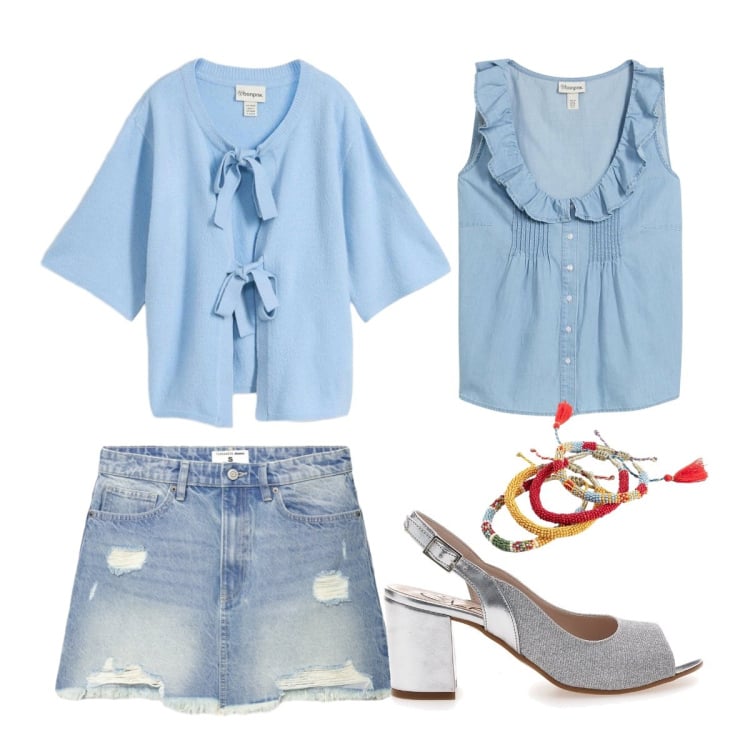 Outfit donna - Ufficio agosto. Stile 70s per Ufficio. Abbinamento con cardigans, braccialetti, top, minigonne, sandali col tacco.