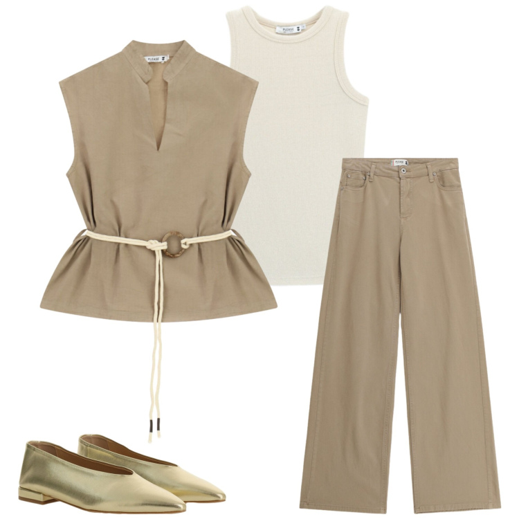 Outfit donna - Rientro in ufficio. Stile Casual chic per Ufficio. Abbinamento con pantaloni, canottiere, camicie, ballerine.