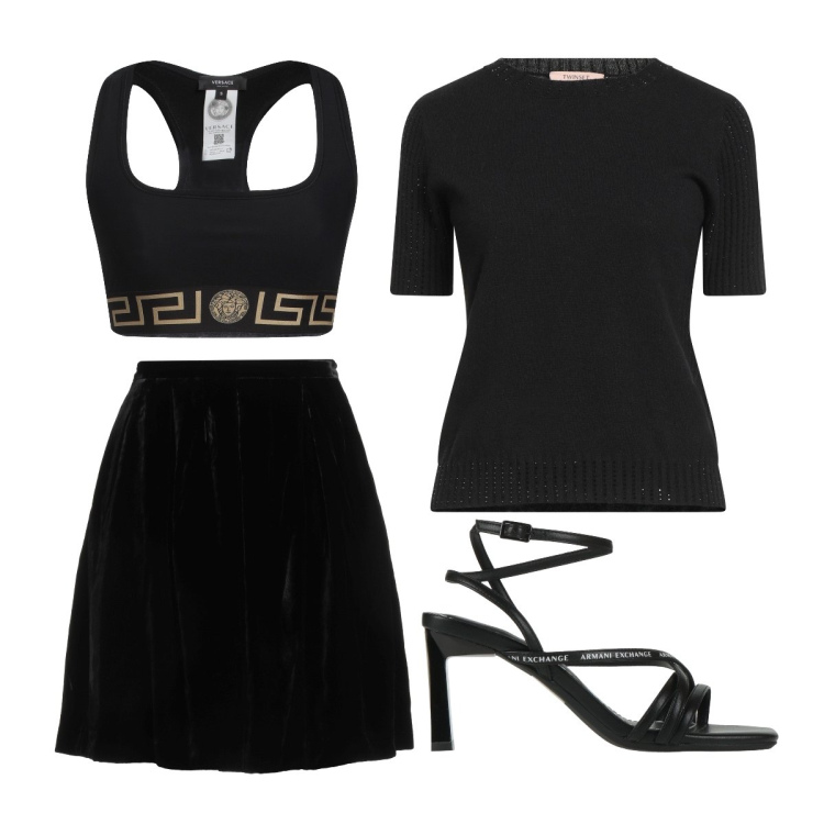 Outfit donna - Ufficio agosto. Stile Minimal per Ufficio. Abbinamento con pullovers, minigonne, sandali col tacco, top sportivi.