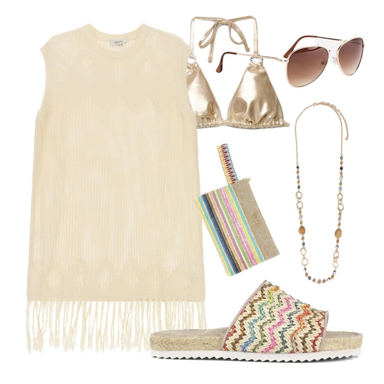 Outfit donna - Fino al tramonto. Stile Casual chic per Mare. Abbinamento con occhiali da sole, bikini, vestiti corti, collane, pochette, sandali.
