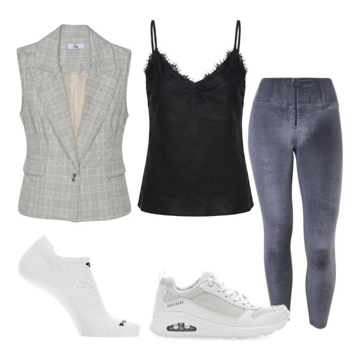 Outfit donna - Agosto. Stile Preppy per Ufficio. Abbinamento con gilet, top, pantaloni skinny, calzini, sneakers.