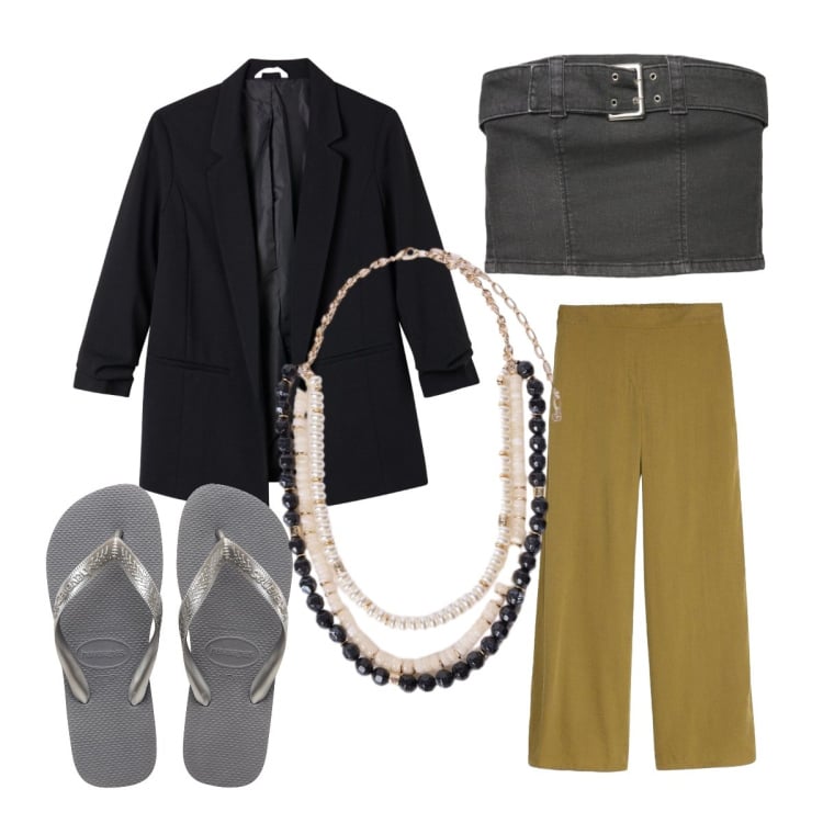 Outfit donna - Agosto. Stile Sporty chic per Ufficio. Abbinamento con pantaloni a palazzo, top, blazer, collane, infradito.
