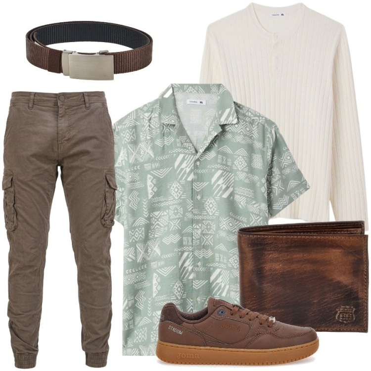 Outfit uomo - Total look #2450197. Stile Casual per Tutti i giorni. Abbinamento con camicie a manica corta, maglieria, sneakers, portafogli, cinture, pantaloni cargo.