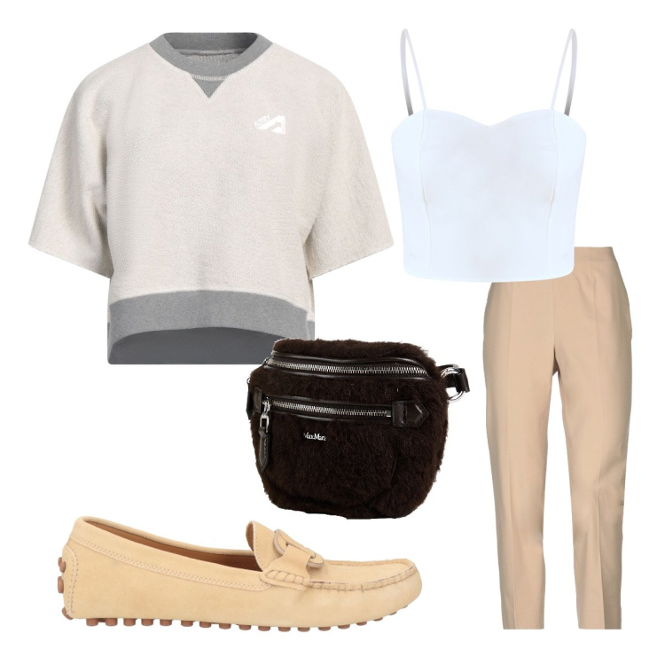 Outfit donna - Agosto. Stile Sporty chic per Tutti i giorni. Abbinamento con marsupi, mocassini, pantaloni, felpe, top.