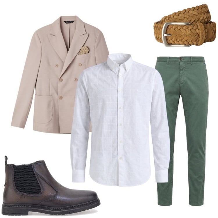 Outfit uomo - Total look #2450201. Stile Casual per Tutti i giorni. Abbinamento con pantaloni chino, camicie, cinture, giacche, stivali e stivaletti.