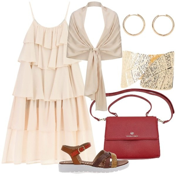 Outfit donna - Maxi-dress per agosto. Stile Casual chic per Tutti i giorni. Abbinamento con orecchini, vestiti lunghi, braccialetti, stole, sandali, borse a tracolla.