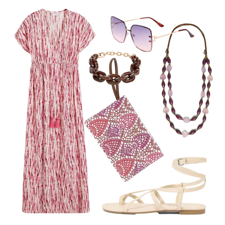 Outfit donna - Pronta per l\'aperitivo. Stile Boho per Tutti i giorni. Abbinamento con vestiti lunghi, occhiali da sole, braccialetti, sandali, collane, pochette.