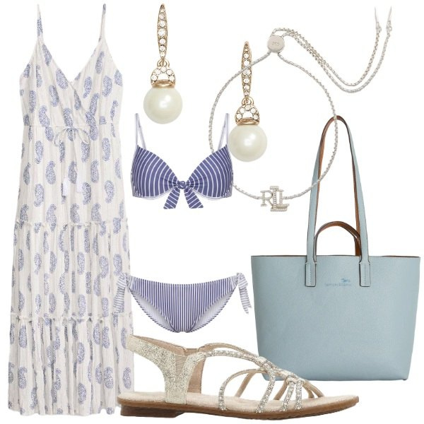 Outfit donna - Maxi dress estivo. Stile Casual chic per Tutti i giorni. Abbinamento con sandali, vestiti lunghi, shopping bag, bikini, braccialetti, orecchini.