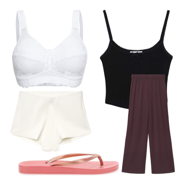 Outfit donna - Intimo candido. Stile Minimal per Tutti i giorni. Abbinamento con reggiseni, magliette intime, culotte, pigiama, infradito.