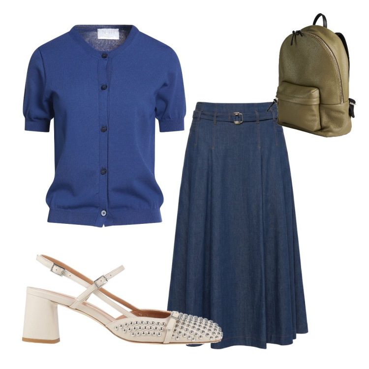 Outfit donna - Décolleté slingback con borchie. Stile Bon Ton per Ufficio. Abbinamento con zaini, décolleté, cardigans, gonne longuette.