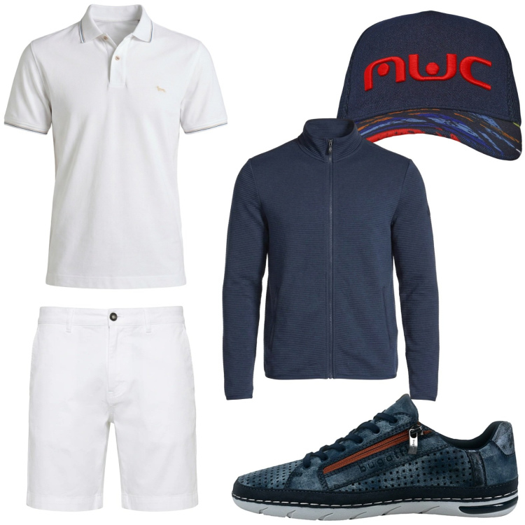 Outfit uomo - Sportivo fashion. Stile Casual per Tutti i giorni. Abbinamento con polo, bermuda, cappelli con visiera, sneakers, giacche.
