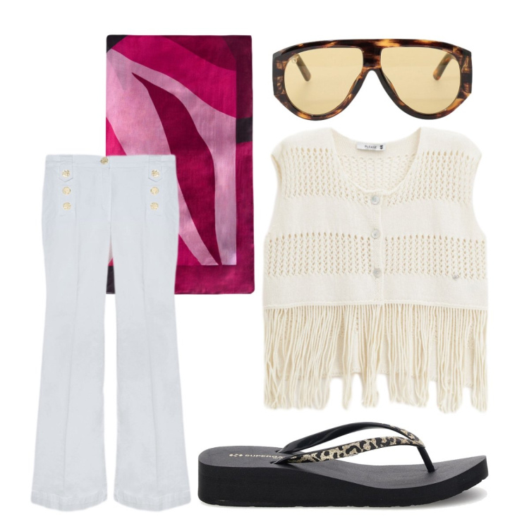 Outfit donna - L’importanza del rosa. Stile Vintage retrò per Tutti i giorni. Abbinamento con top, occhiali da sole, foulard, jeans, infradito.