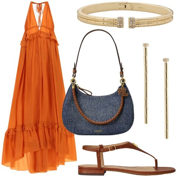 Outfit donna - abito lungo. Stile Casual chic per Tutti i giorni. Abbinamento con vestiti lunghi, sandali in pelle, orecchini, braccialetti, borse a spalla.