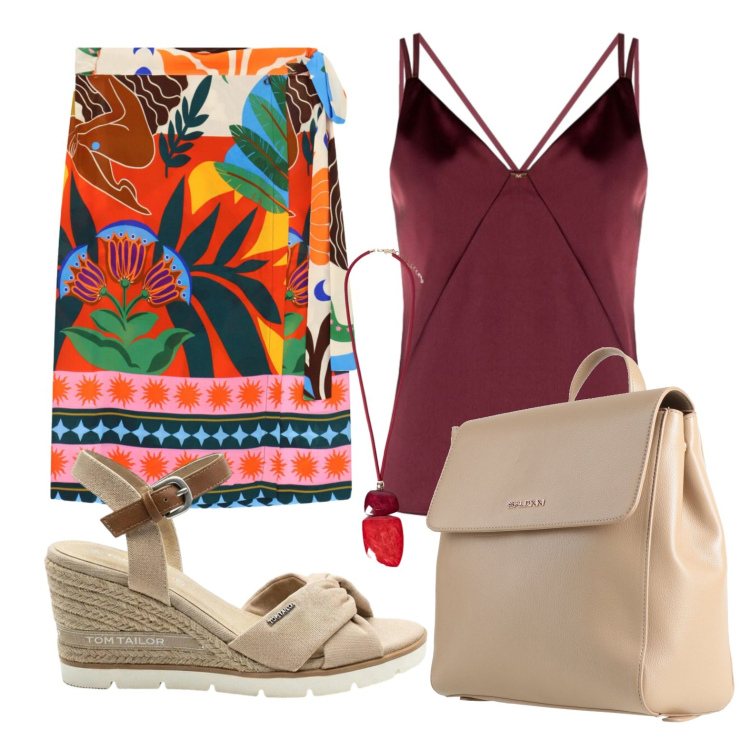 Outfit donna - Gonna tropicana. Stile Vintage retrò per Tutti i giorni. Abbinamento con zaini, sandali col tacco, gonne longuette, top, ciondoli.