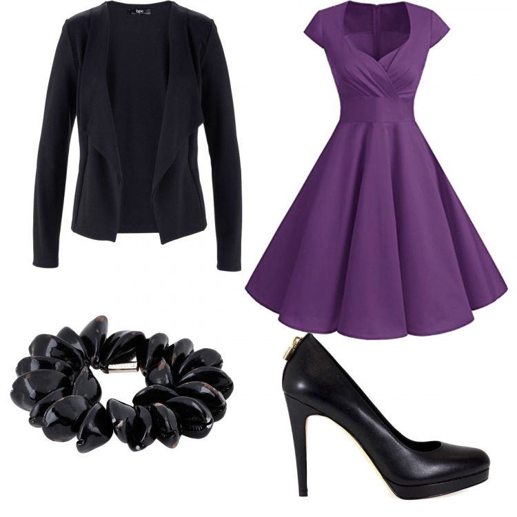 Outfit donna - Una serata fra donne. Stile Trendy per Serata fuori. look ideale per Petite. Abbinamento con blazer, bracciale in ottone, vestiti, décolleté nero.