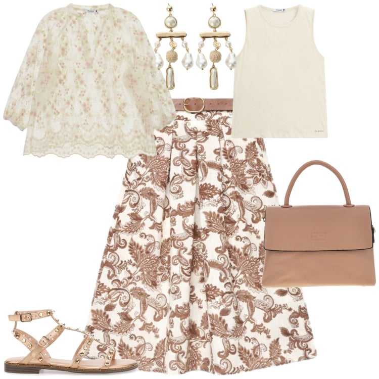Outfit donna - Casual chic serata estiva. Stile Casual chic per Serata fuori. Abbinamento con gonne lunghe, bluse, top, orecchini, borse a tracolla, sandali.
