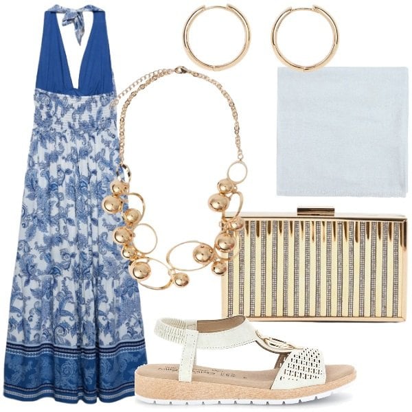Outfit donna - un abito lungo estivo. Stile Glamour per Serata fuori. Abbinamento con orecchini, vestiti lunghi, clutch, sciarpe, collane, sandali.