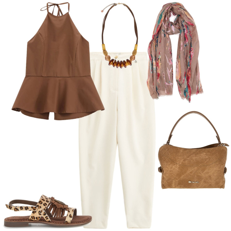 Outfit donna - Casual chic serata estiva. Stile Casual chic per Serata fuori. Abbinamento con top, pantaloni, collane, sandali, borse a tracolla, foulard.