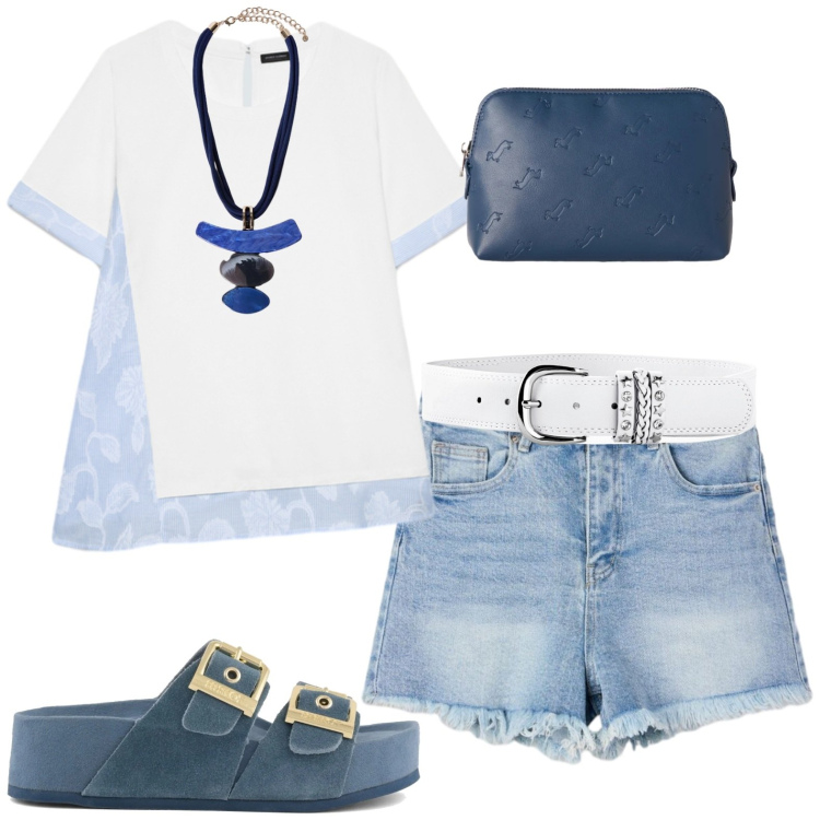 Outfit donna - Casual. Stile Casual per Tutti i giorni. Abbinamento con cinture, shorts, pochette, t-shirt, ciondoli, ciabatte.