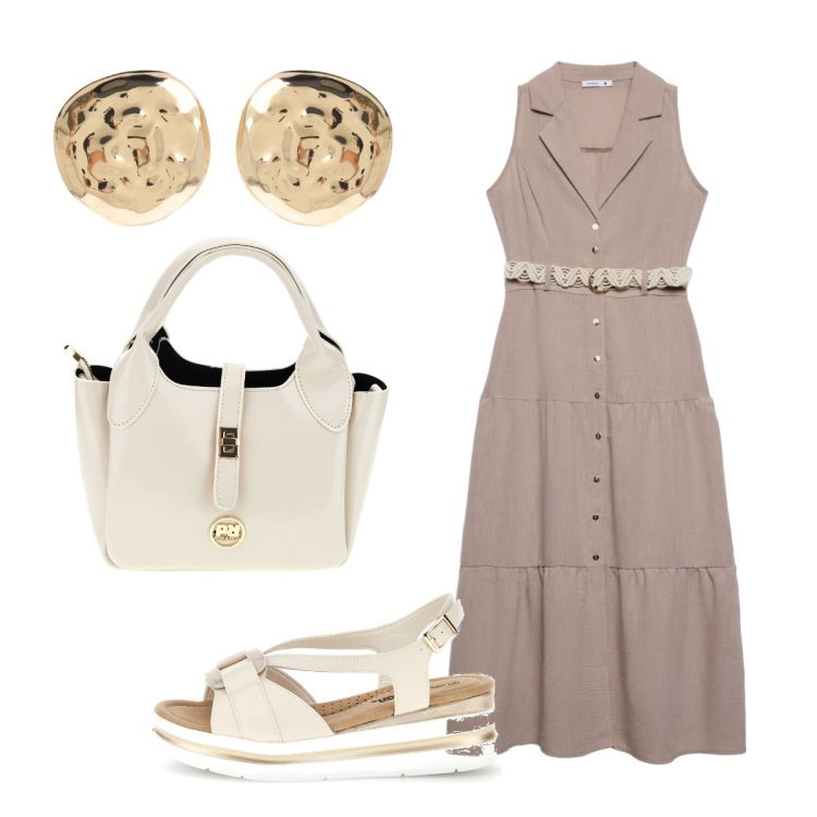 Outfit donna - In città. Stile Bon Ton per Tutti i giorni. Abbinamento con vestiti chemisier, orecchini, sandali, borse a mano.