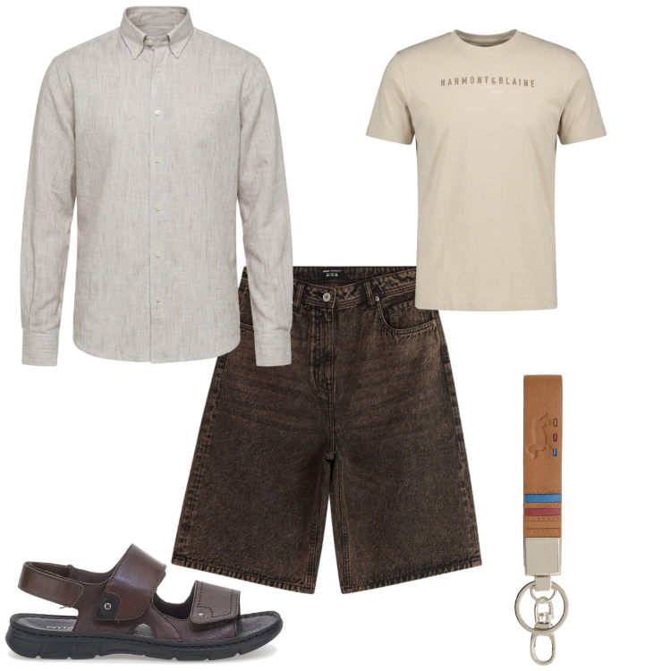 Outfit uomo - Toni naturali serata estiva. Stile Trendy per Serata speciale. Abbinamento con t-shirt, camicie, portachiavi, bermuda, sandali.