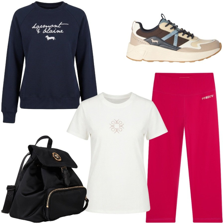 Outfit donna - Total look #2450232. Stile Casual chic per Tutti i giorni. Abbinamento con zaini, sneakers, felpe sportive, t-shirt, leggings.