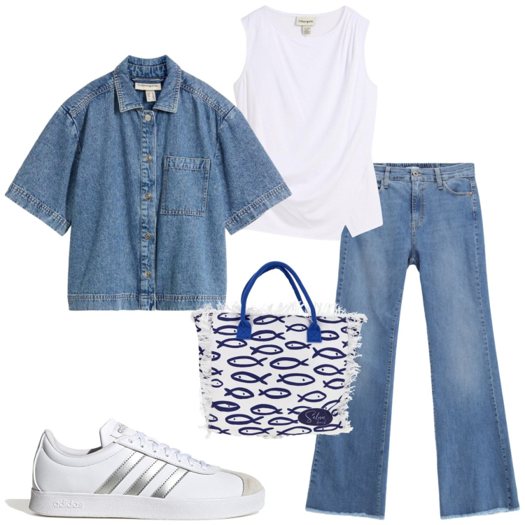 Outfit donna - Intramontabile denim. Stile Casual per Tutti i giorni. Abbinamento con top, camicie, jeans, shopping bag, sneakers.