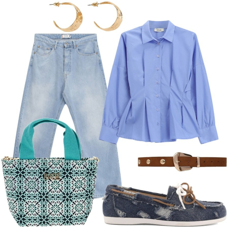 Outfit donna - Total look #2450234. Stile Casual chic per Tutti i giorni. Abbinamento con orecchini, cinture, jeans, camicie, mocassini, borse a tracolla.