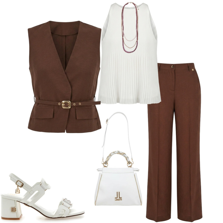 Outfit donna - Rinascimento Sale. Stile Casual chic per Serata fuori. Abbinamento con pantaloni, gilet, canottiere, collane, sandali col tacco, borse a tracolla.