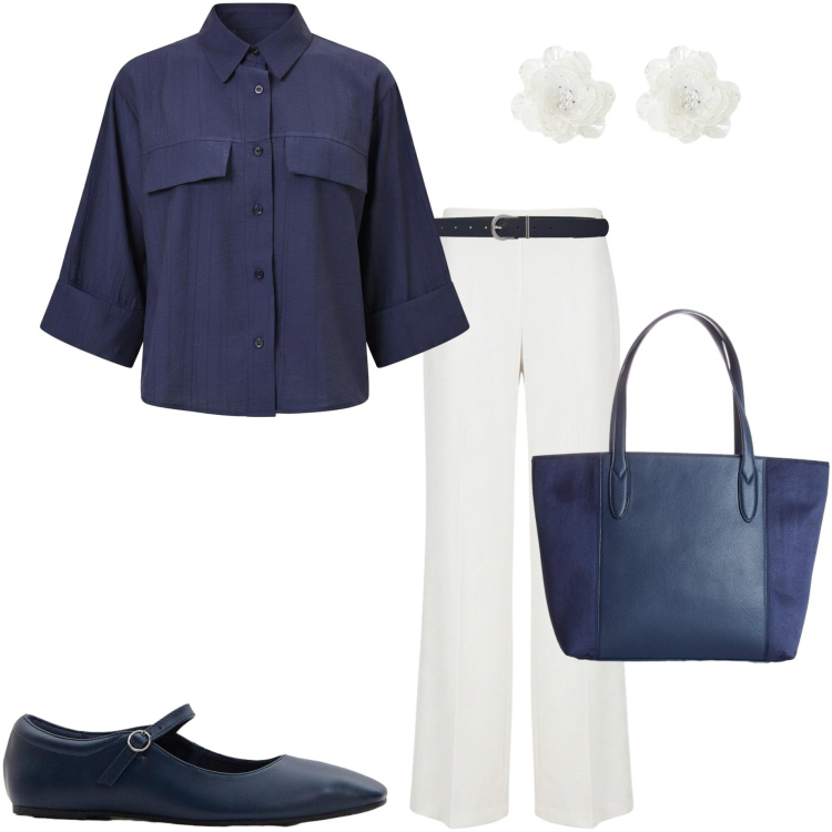 Outfit donna - Bianco e blu. Stile Casual chic per Ufficio. Abbinamento con ballerine, shopping bag, cinture, orecchini, pantaloni a palazzo, camicie.