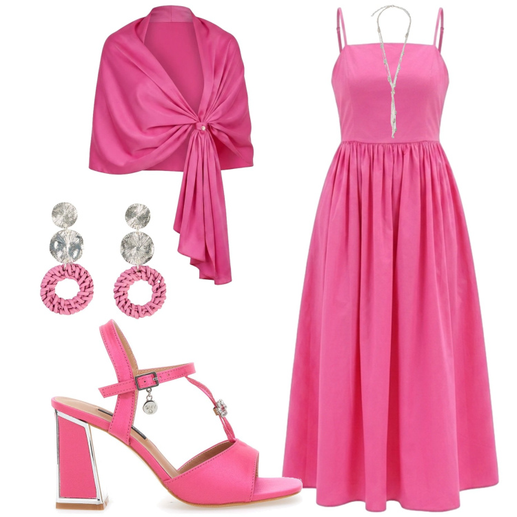 Outfit donna - Cerimonia estiva. Stile Chic per Cerimonia. Abbinamento con orecchini, vestiti midi/longuette, stole, collane, sandali col tacco.