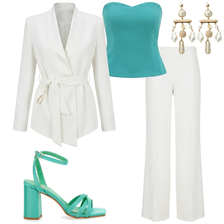 Outfit donna - Bianco d\'estate. Stile Chic per Cerimonia. Abbinamento con orecchini, pantaloni a palazzo, top, blazer, sandali col tacco.
