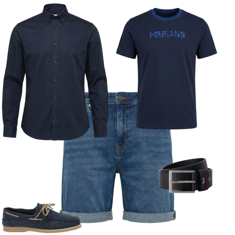 Outfit uomo - Sporty chic serata estiva. Stile Trendy per Serata speciale. Abbinamento con bermuda, scarpe stringate, camicie, t-shirt, cinture.